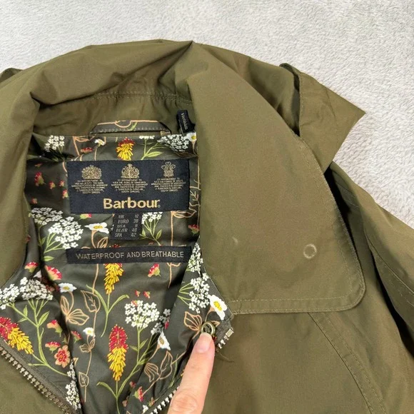 Barbour Wytherstone Waterproof Jacket Women 8 Olive Green Floral Lined Hooded - Picture 5 of 10
